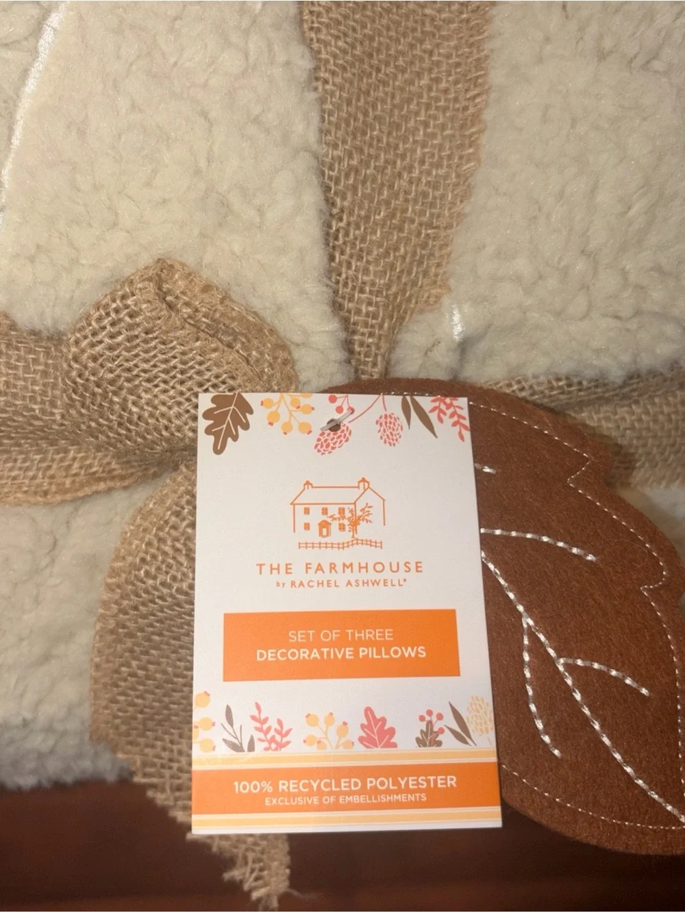Sherpa Pillows Set 3 Pumpkin Fall Decor Throw Pillow Brown Cream Holiday NWT